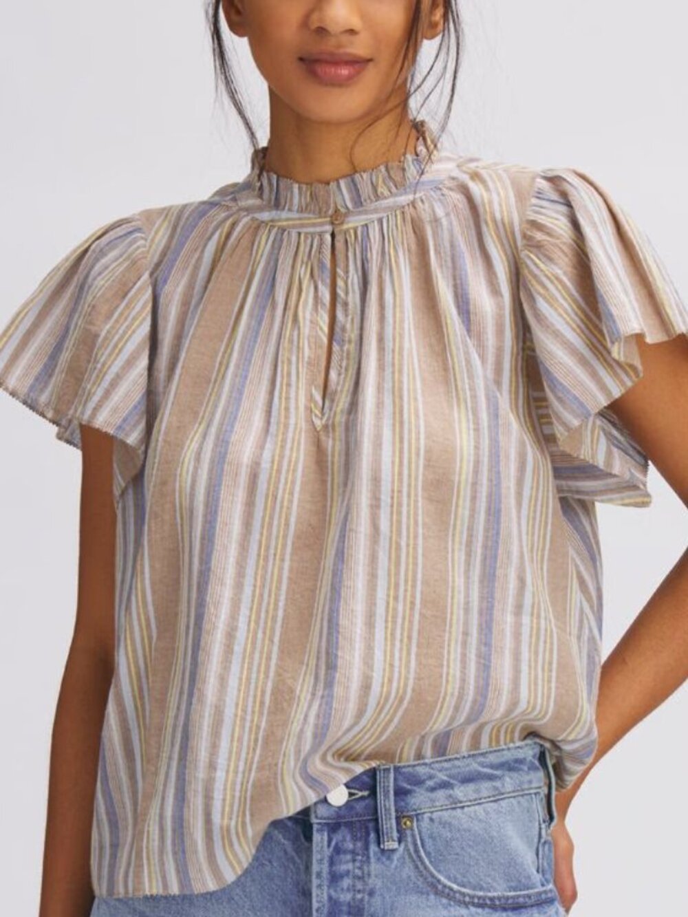 Basin + Range 100% Cotton Stripe Flutter Sleeve Blouse Small Taupe Lightweight